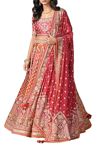 Red & Saffron Embroidered Printed Lehenga Set by Ri Ritu Kumar
