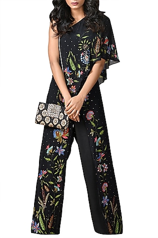 Black Embroidered One Shoulder Jumpsuit by Ri Ritu Kumar
