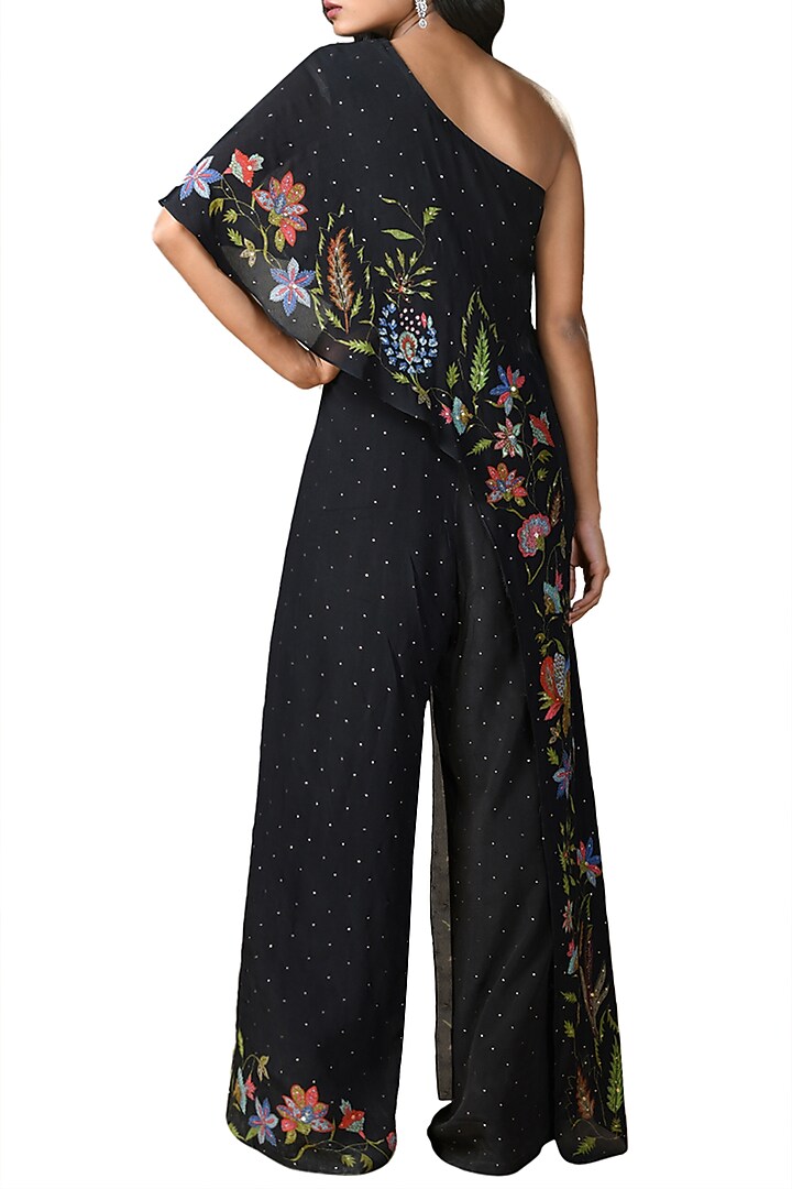 Black Embroidered One Shoulder Jumpsuit by Ri Ritu Kumar at Pernia's Pop Up Shop