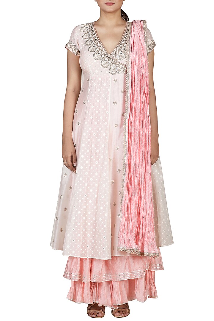 Ivory & Pink Angrakha Kurta Set by Ri Ritu Kumar