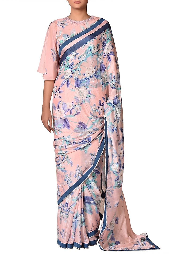 Baby Pink & Blue Floral Saree Set by Ri Ritu Kumar