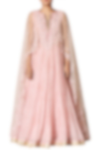 Pastel PInk & Beige Embroidered Gown With Cape by Ri Ritu Kumar