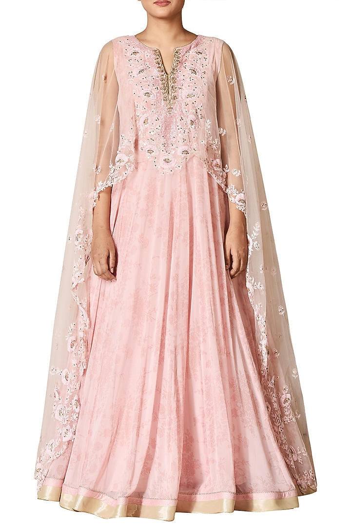 Pastel PInk & Beige Embroidered Engagement Gown With Cape by Ri Ritu Kumar at Pernia's Pop Up Shop