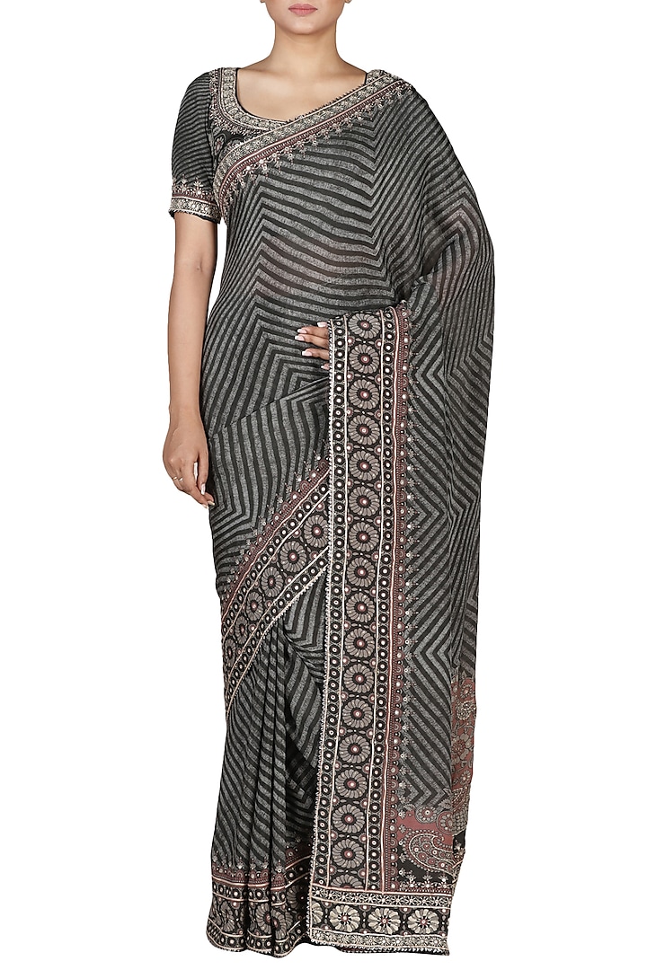 Black & Grey Embroidered Saree Set by Ri Ritu Kumar