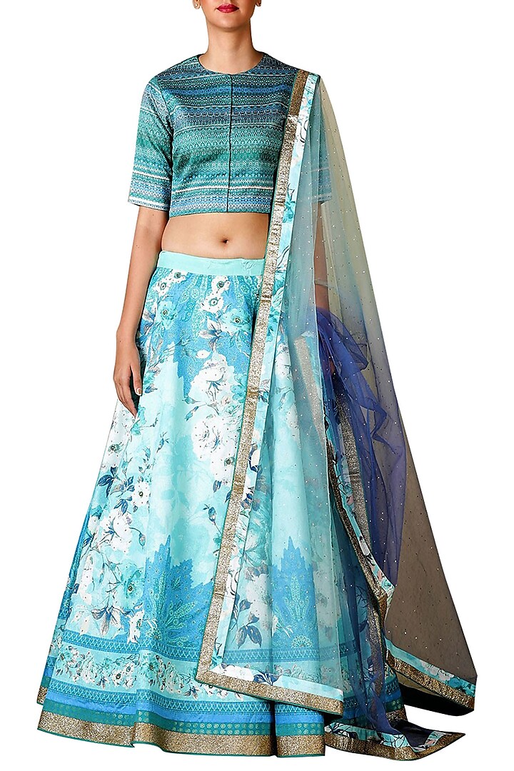 Aqua Blue Embroidered Lehenga Set by Ri Ritu Kumar