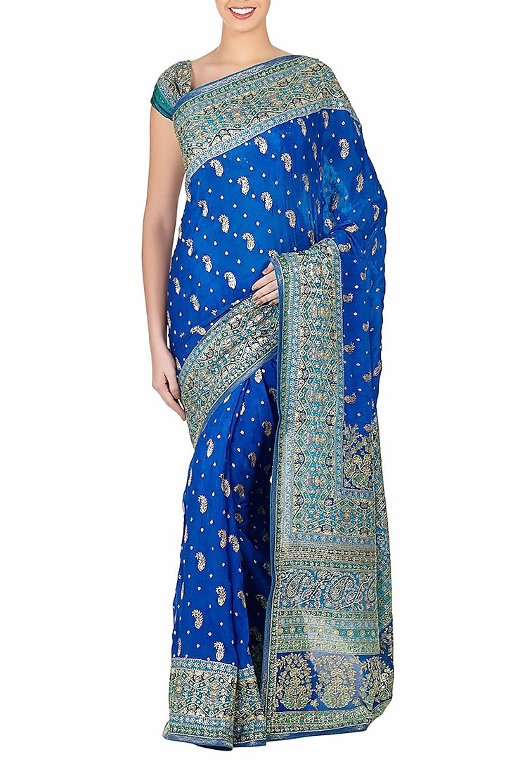 Royal Blue & Turquoise Embroidered Saree Set by Ri Ritu Kumar