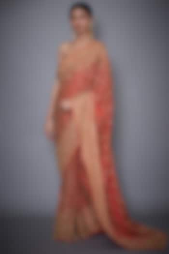 Red Silk Chinon Hand & Machine Embroidered Bridal Saree Set by Ri Ritu Kumar at Pernia's Pop Up Shop