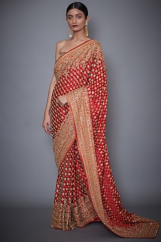 Red Silk Chinon Hand & Machine Embroidered Saree Set by Ri Ritu Kumar