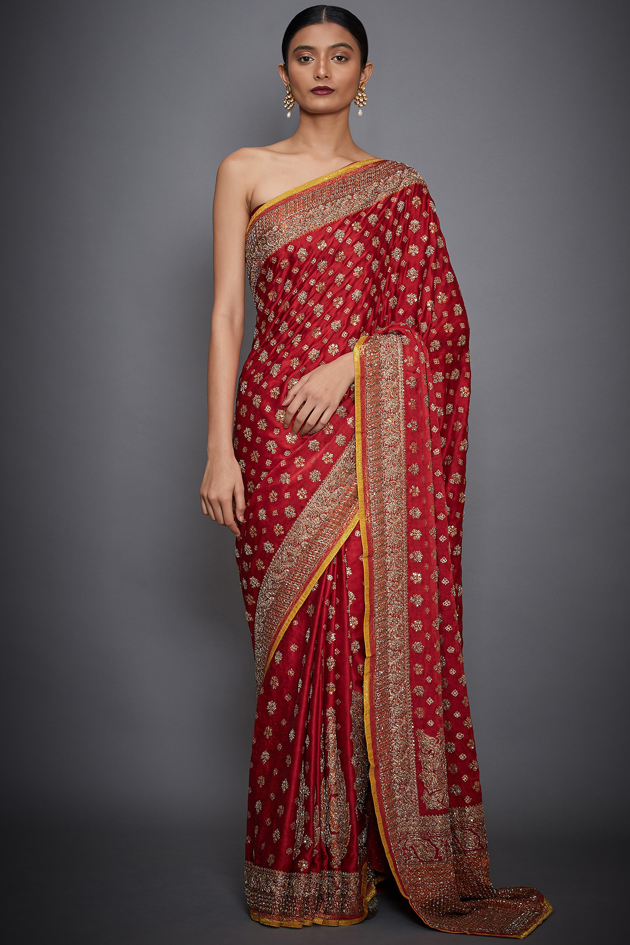 Red & Saffron Embroidered Saree Set by Ri Ritu Kumar at Pernia's Pop Up Shop