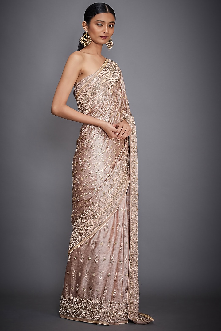 Beige Gajji Silk Floral Zardosi Embroidered Bridal Saree Set by Ri Ritu Kumar at Pernia's Pop Up Shop