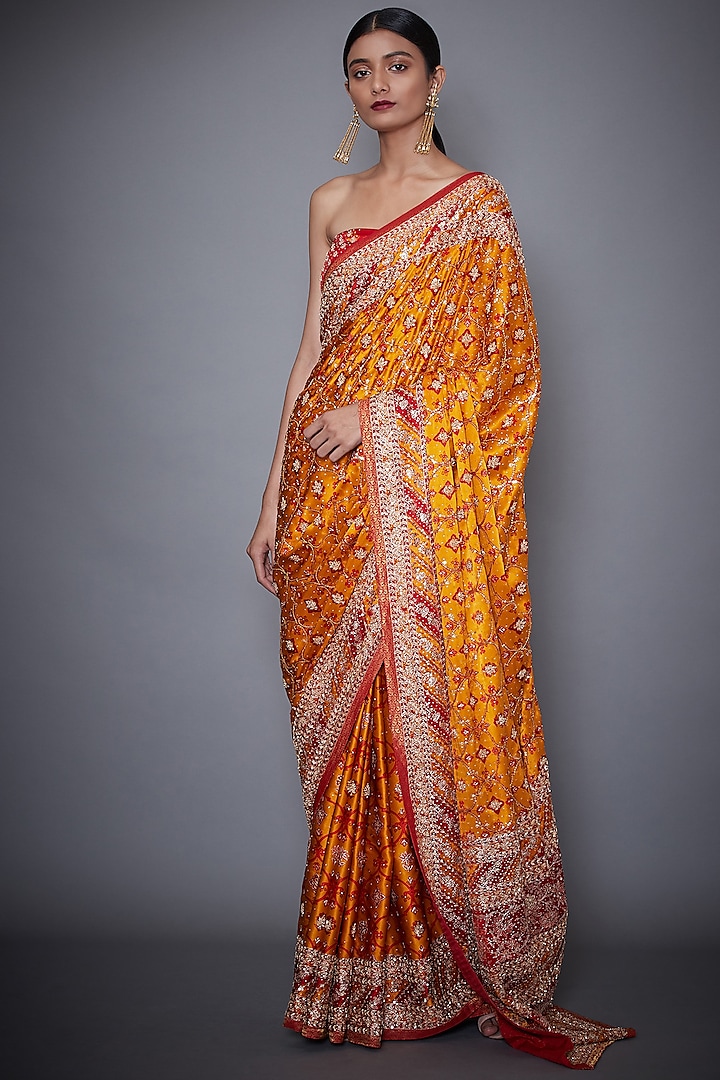 Red & Orange Silk Satin Zardosi Hand Embroidered Saree Set by Ri Ritu Kumar at Pernia's Pop Up Shop