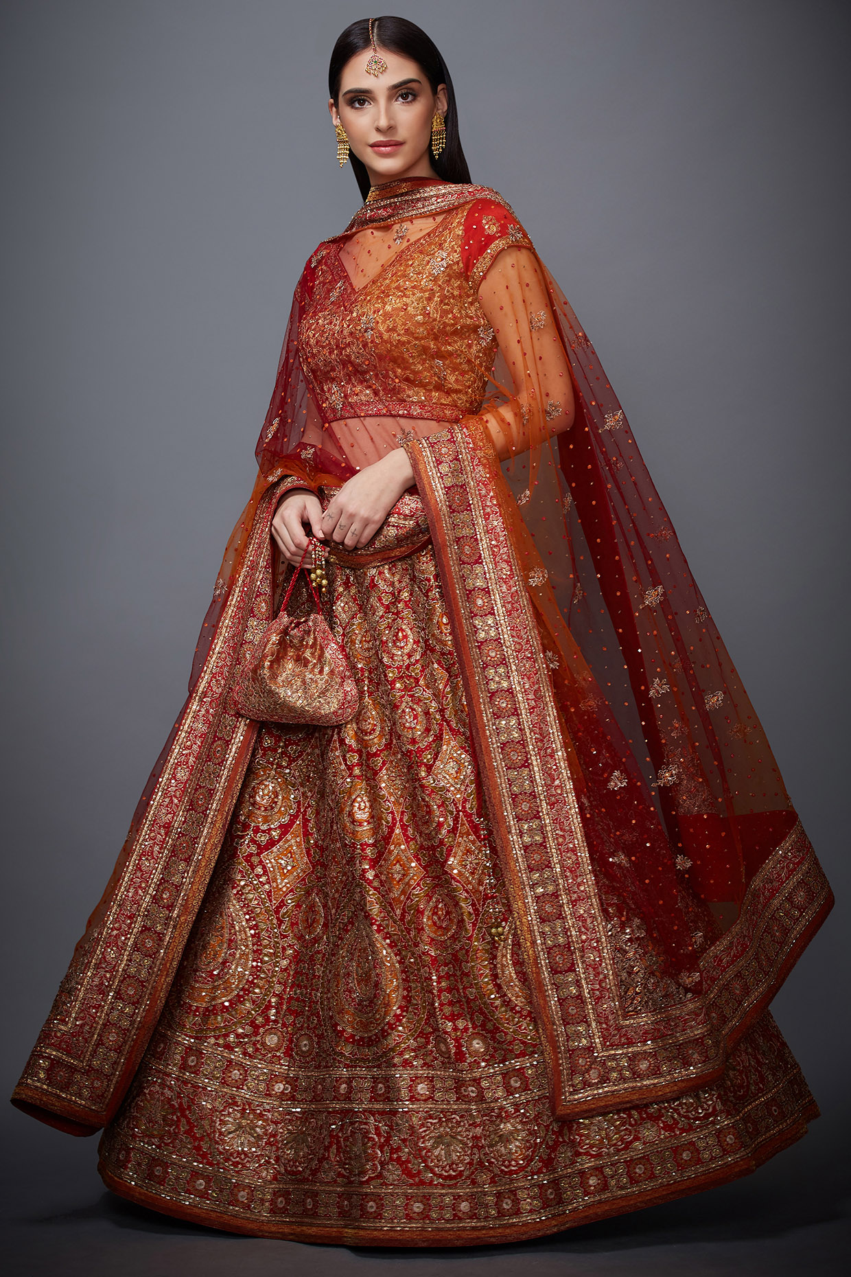 Red Saffron Embroidered Lehenga Set Design by Ri Ritu Kumar at