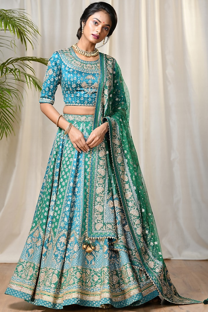 Turquoise & Emerald Green Embroidered Bridal Lehenga Set by Ri Ritu ...