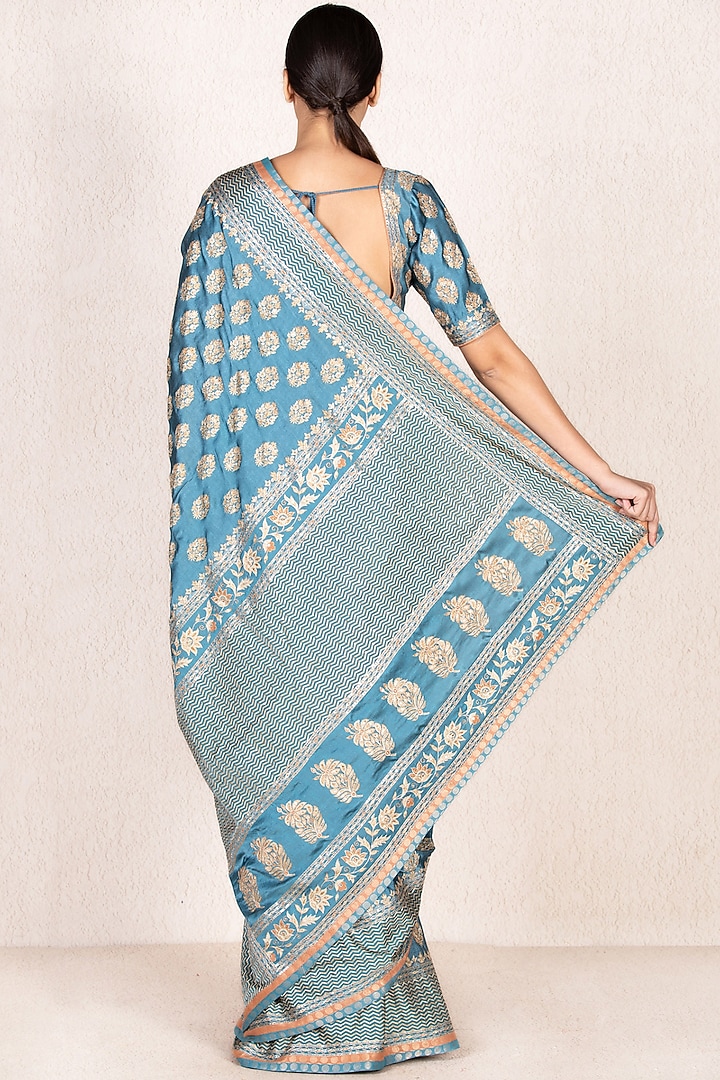 Turquoise Silk Satin Embroidered Reception Saree Set by Ri Ritu Kumar at Pernia's Pop Up Shop