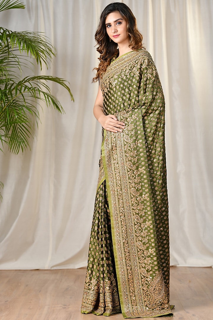 Khaki Green Silk Satin Paisley Hand & Machine Embroidered Saree Set by Ri Ritu Kumar