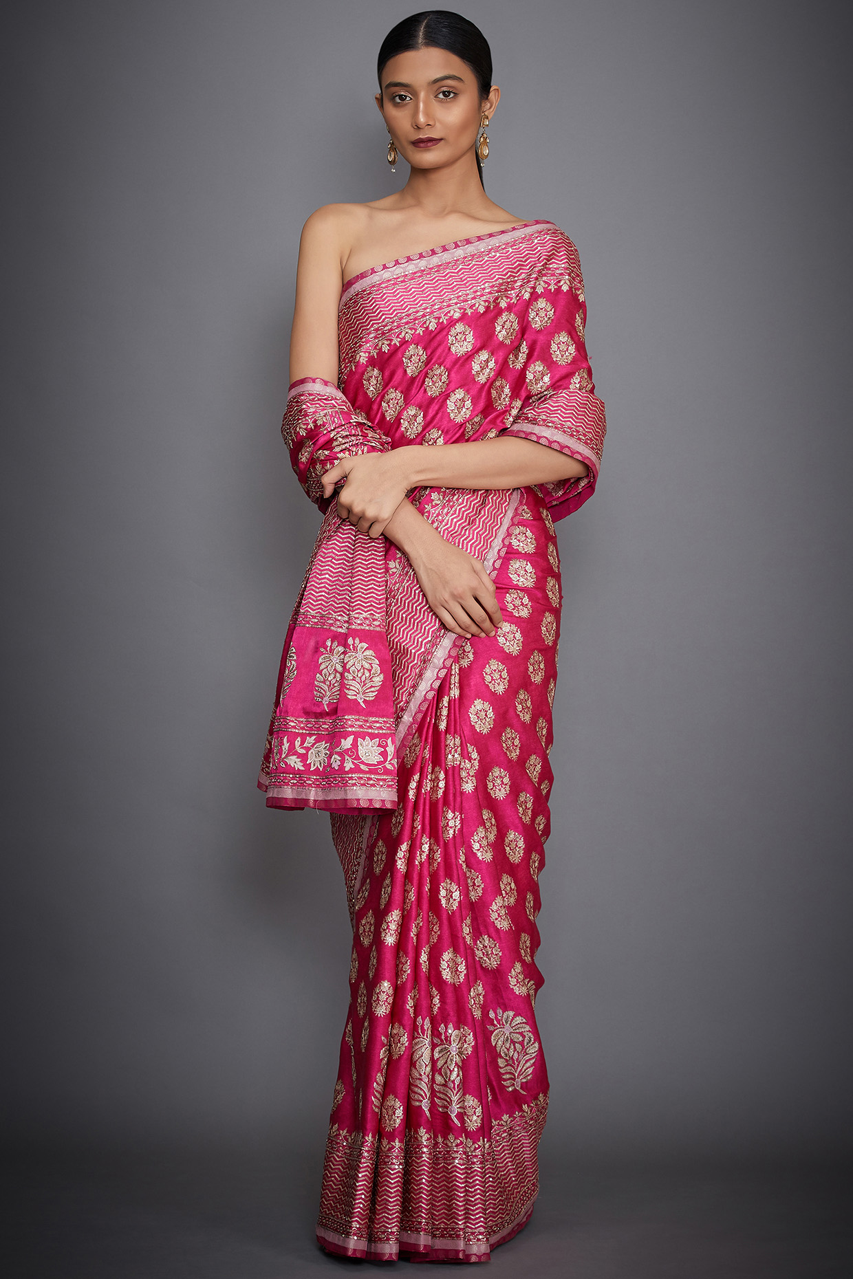 Fuchsia Silk Satin Aari Embroidered Bridal Saree Set by Ri Ritu Kumar at Pernia's Pop Up Shop