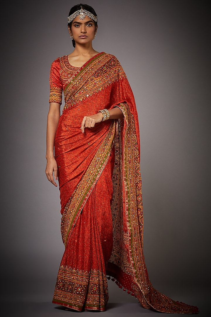 Rust Orange Floral Embroidered Reception Saree Set by Ri Ritu kumar at Pernia's Pop Up Shop