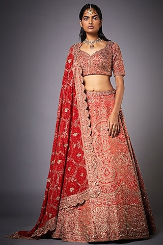 Red Zardosi Embroidered Lehenga Set by Ri Ritu kumar