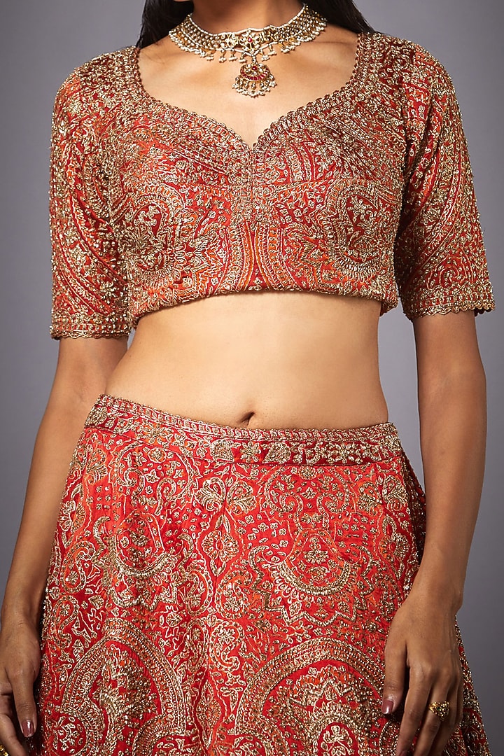 Red Zardosi Embroidered Bridal Lehenga Set by Ri Ritu kumar at Pernia's Pop Up Shop