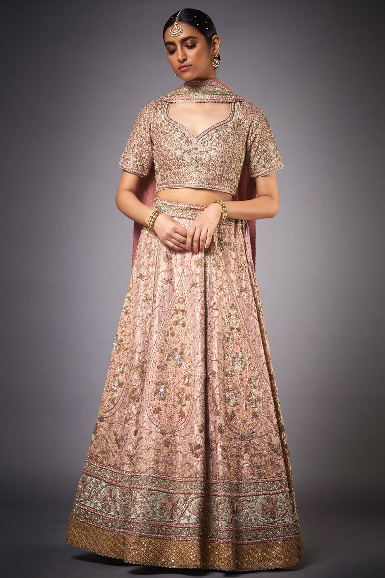 Pink Zardosi Embroidered Bridal lehenga for 22 Lehenga Set by Ri Ritu kumar at Pernia's Pop Up Shop