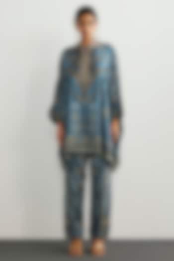 Blue & Multi-Colored Silk Satin Kurta Set by Ri Ritu Kumar at Pernia's Pop Up Shop