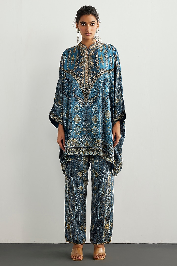 Blue & Multi-Colored Silk Satin Kurta Set by Ri Ritu Kumar at Pernia's Pop Up Shop