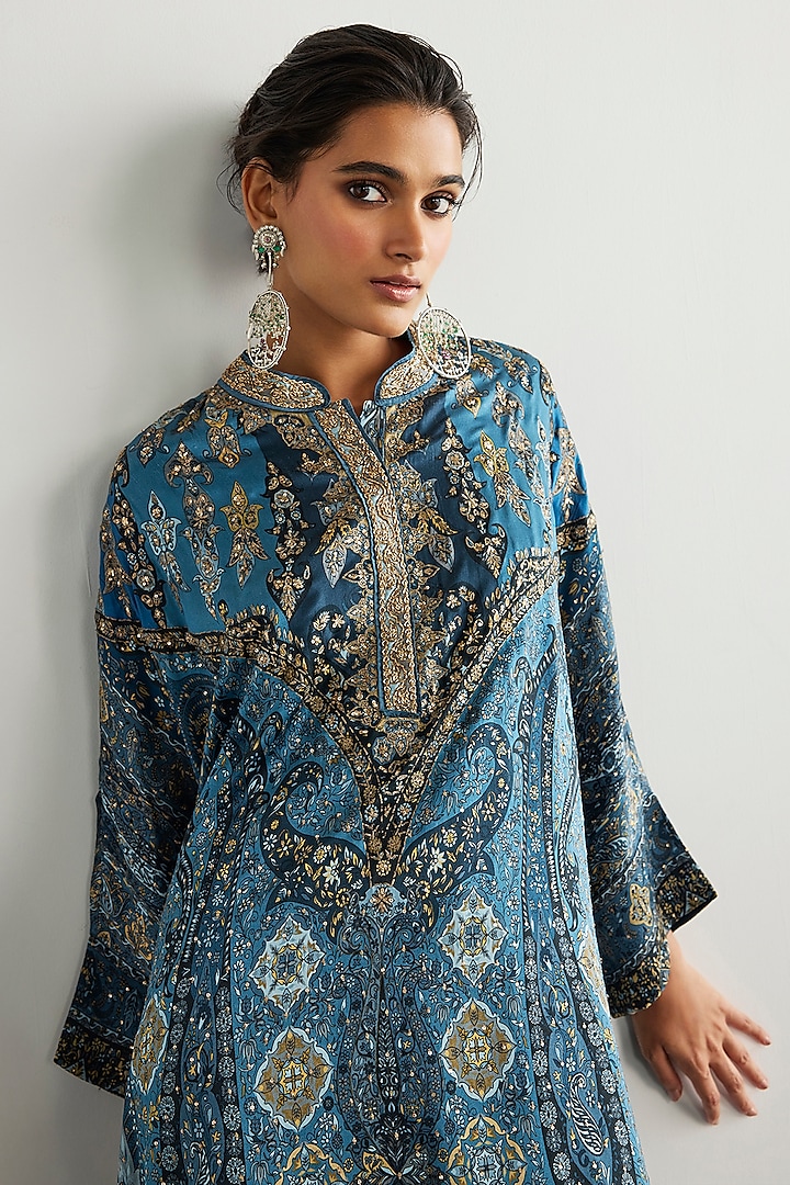 Blue & Multi-Colored Silk Satin Kurta Set by Ri Ritu Kumar at Pernia's Pop Up Shop
