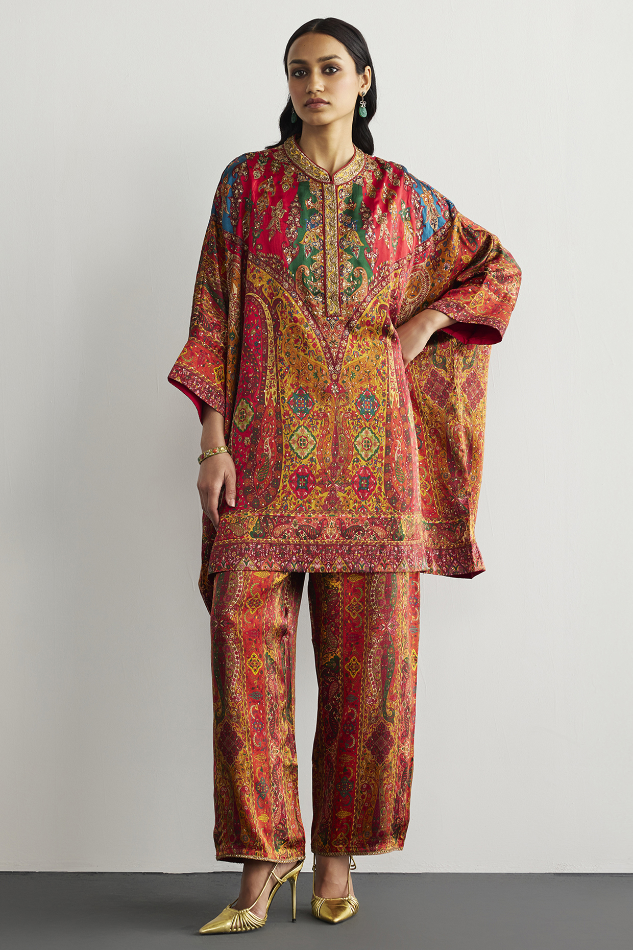 Red & Multi-Colored Silk Satin Kurta Set by Ri Ritu Kumar at Pernia's Pop Up Shop