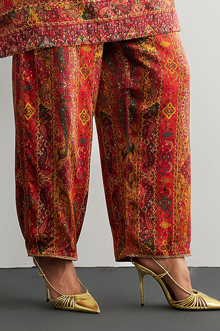 Red & Multi-Colored Silk Satin Kurta Set by Ri Ritu Kumar at Pernia's Pop Up Shop