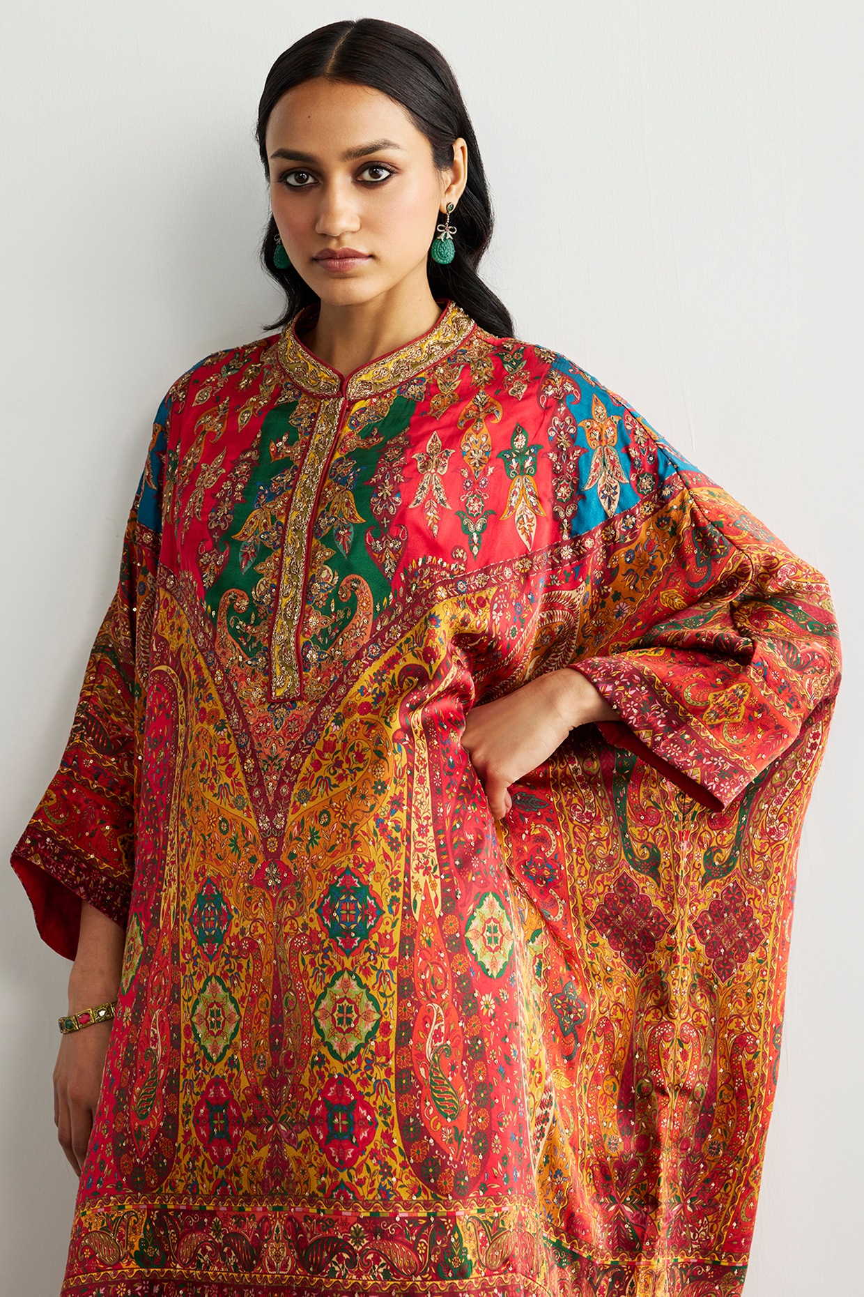 Red & Multi-Colored Silk Satin Kurta Set by Ri Ritu Kumar at