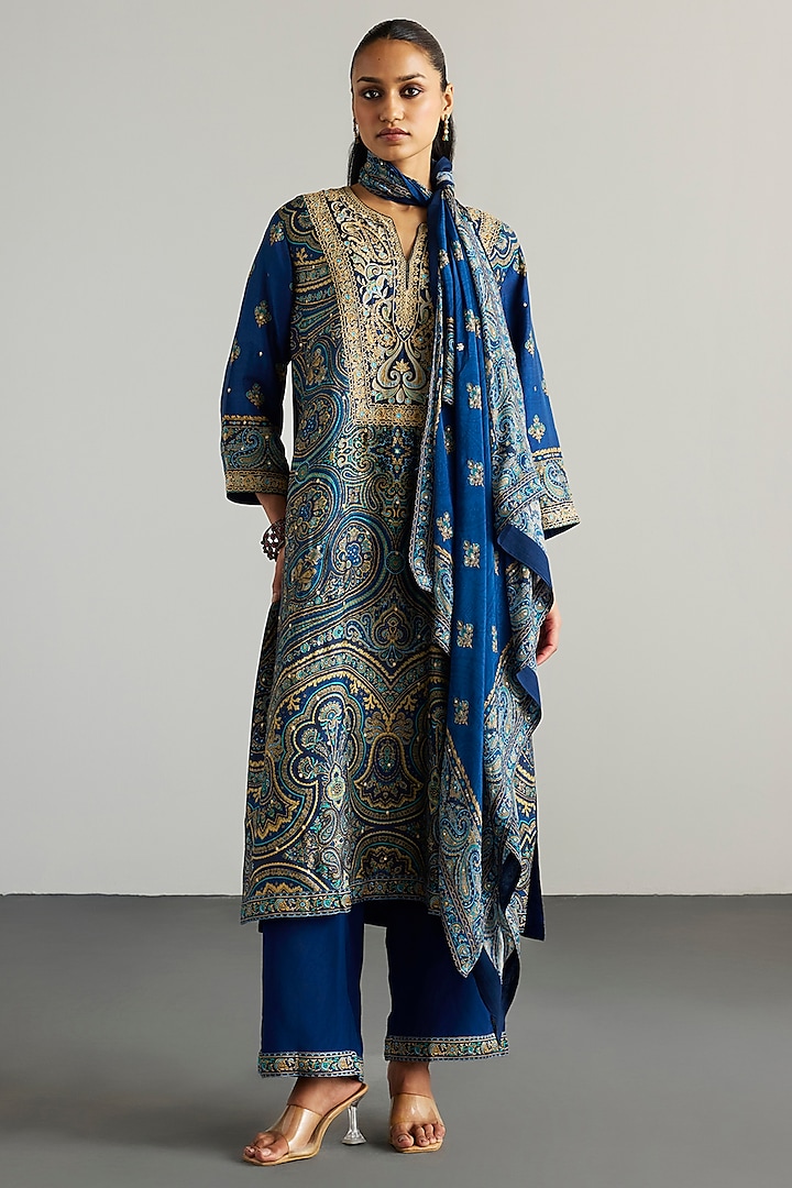 Blue & Beige Murshidabad Silk Brocade Jamawar Kurta Set by Ri Ritu Kumar at Pernia's Pop Up Shop