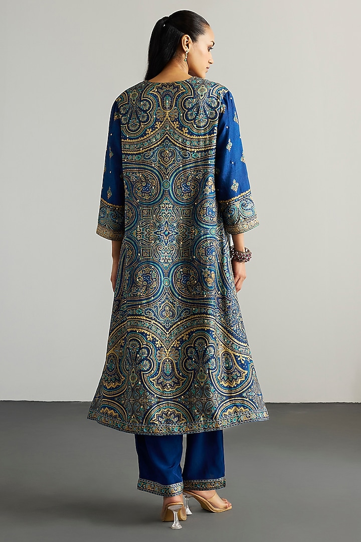Blue & Beige Murshidabad Silk Brocade Jamawar Kurta Set by Ri Ritu Kumar at Pernia's Pop Up Shop