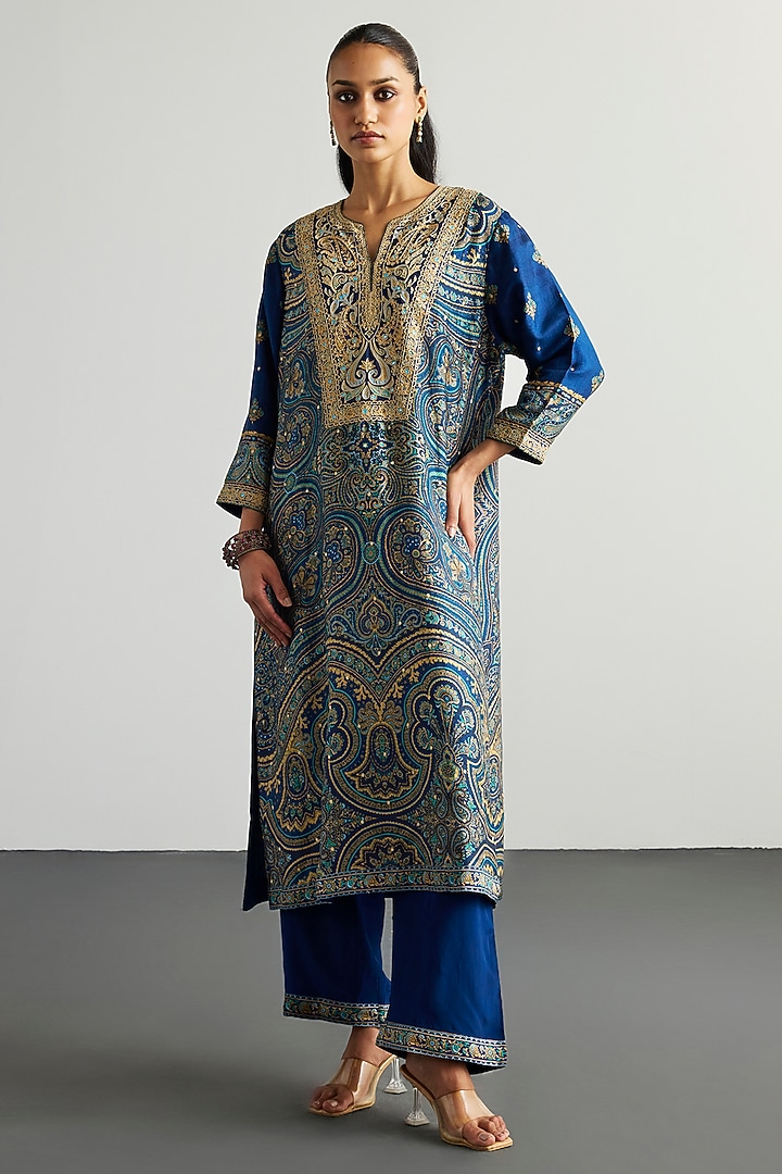 Blue & Beige Murshidabad Silk Brocade Jamawar Kurta Set by Ri Ritu Kumar at Pernia's Pop Up Shop