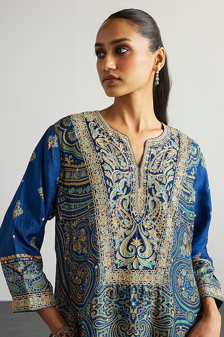 Blue & Beige Murshidabad Silk Brocade Jamawar Kurta Set by Ri Ritu Kumar at Pernia's Pop Up Shop