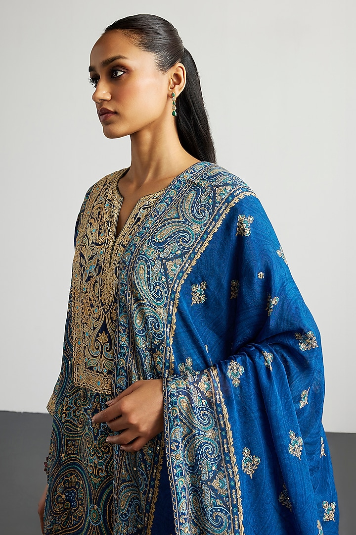 Blue & Beige Murshidabad Silk Brocade Jamawar Kurta Set by Ri Ritu Kumar at Pernia's Pop Up Shop