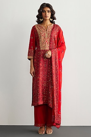 Red & Beige Murshidabad Silk Brocade Jamawar Kurta Set by Ri Ritu Kumar
