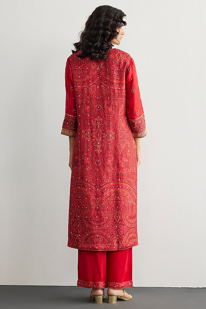Red & Beige Murshidabad Silk Brocade Jamawar Kurta Set by Ri Ritu Kumar at Pernia's Pop Up Shop