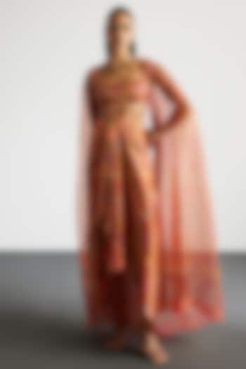 Coral & Multi-Colored Silk Organza Cape Set by Ri Ritu Kumar at Pernia's Pop Up Shop