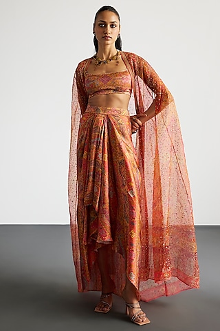 Coral & Multi-Colored Silk Organza Cape Set by Ri Ritu Kumar