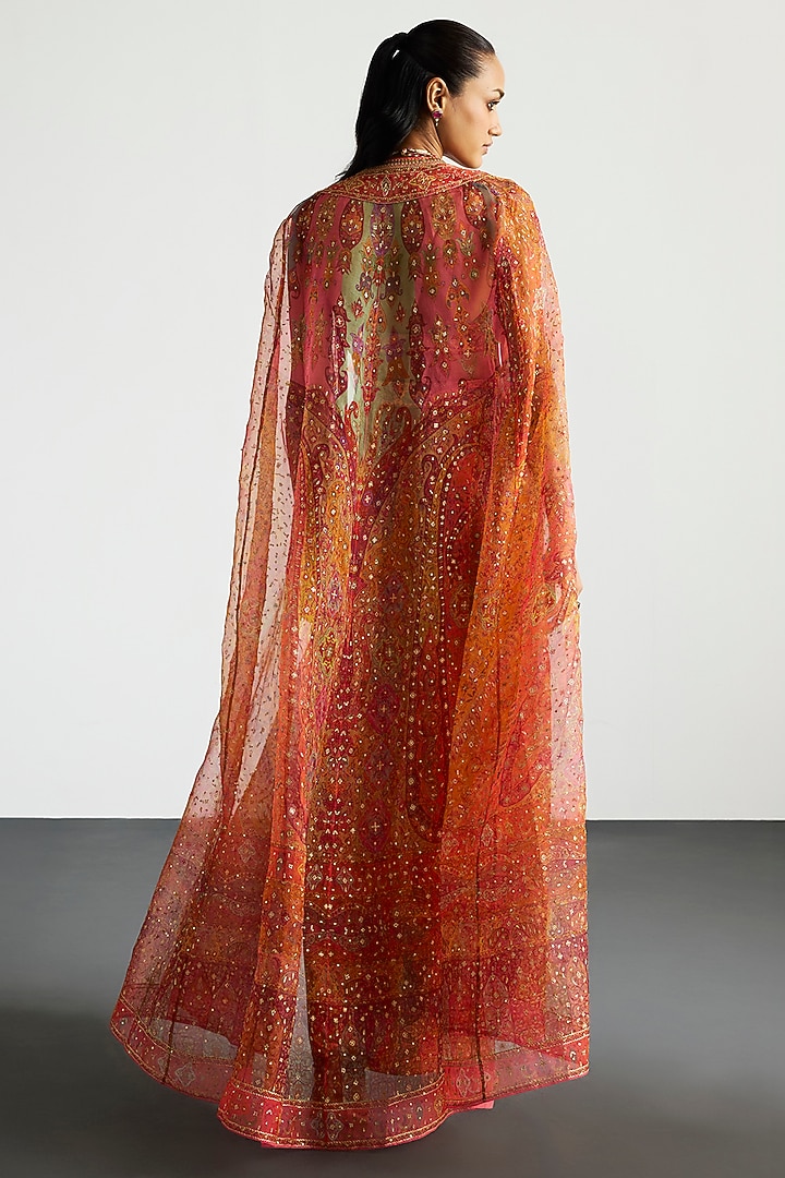 Coral & Multi-Colored Silk Organza Cape Set by Ri Ritu Kumar at Pernia's Pop Up Shop