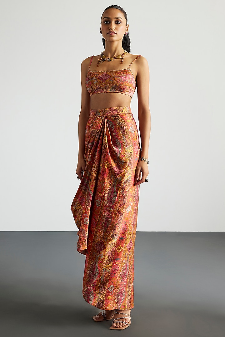 Coral & Multi-Colored Silk Organza Cape Set by Ri Ritu Kumar at Pernia's Pop Up Shop