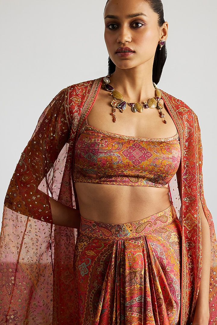 Coral & Multi-Colored Silk Organza Cape Set by Ri Ritu Kumar at Pernia's Pop Up Shop