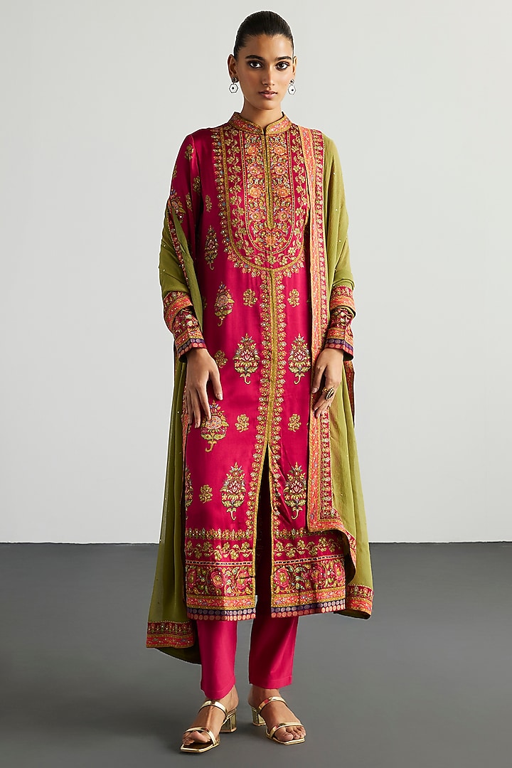 Fuchsia & Olive Green Silk Satin Kurta Set by Ri Ritu Kumar at Pernia's Pop Up Shop