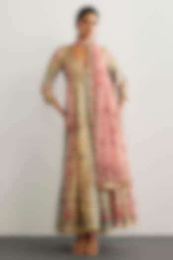 Pink & Powder Blue Silk Chanderi Bridal Anarkali Set by Ri Ritu Kumar at Pernia's Pop Up Shop