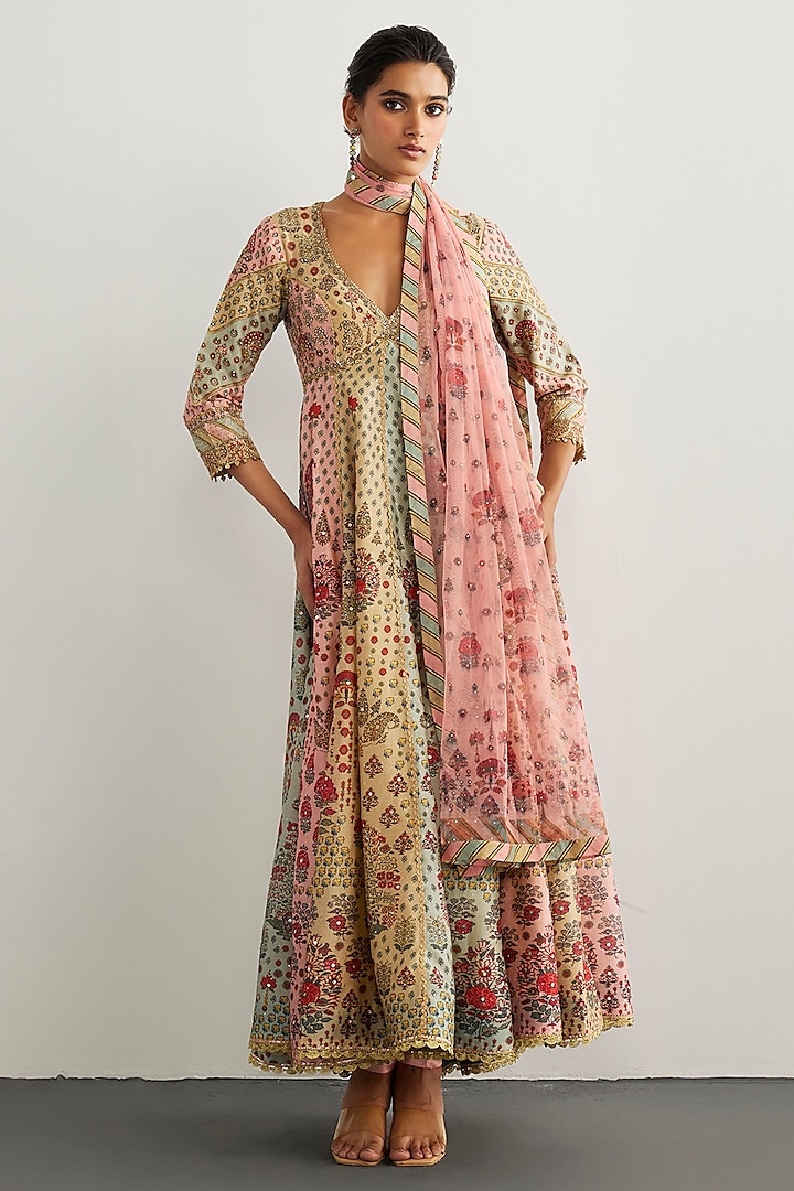 Pink & Powder Blue Silk Chanderi Bridal Anarkali Set by Ri Ritu Kumar at Pernia's Pop Up Shop