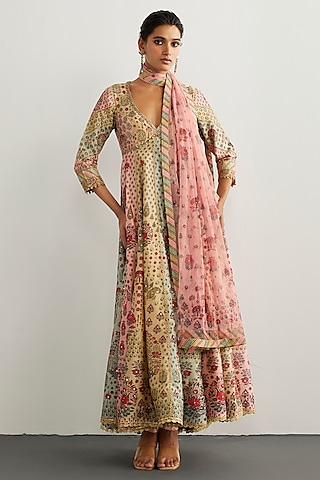 Pink & Powder Blue Silk Chanderi Anarkali Set by Ri Ritu Kumar