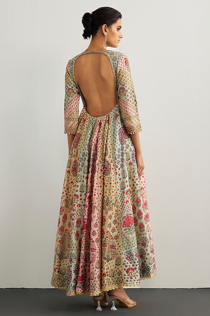 Pink & Powder Blue Silk Chanderi Bridal Anarkali Set by Ri Ritu Kumar at Pernia's Pop Up Shop