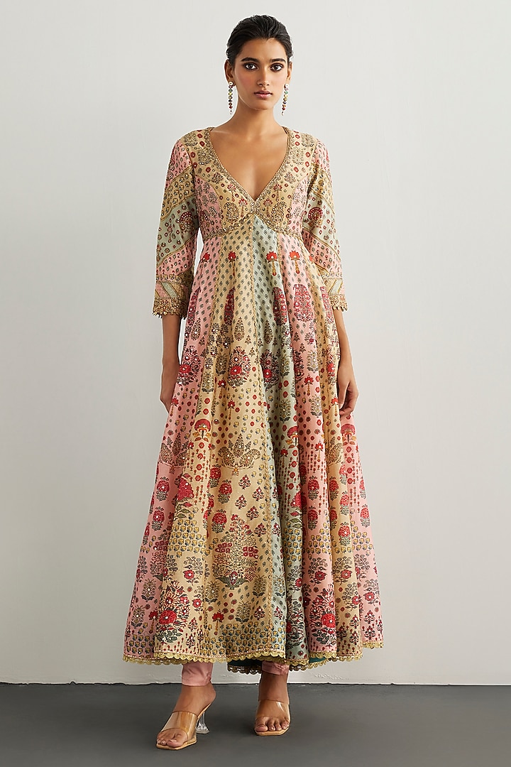 Pink & Powder Blue Silk Chanderi Bridal Anarkali Set by Ri Ritu Kumar at Pernia's Pop Up Shop
