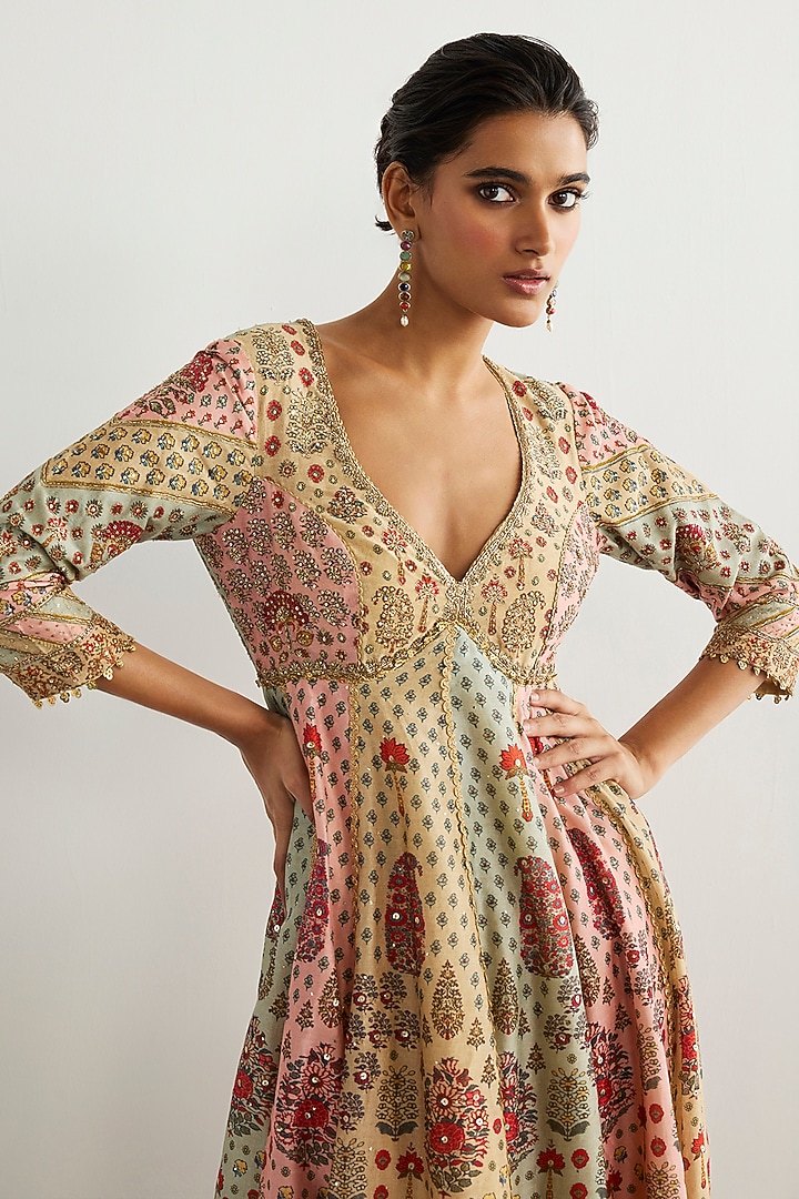 Pink & Powder Blue Silk Chanderi Bridal Anarkali Set by Ri Ritu Kumar at Pernia's Pop Up Shop