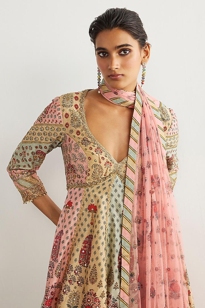 Pink & Powder Blue Silk Chanderi Bridal Anarkali Set by Ri Ritu Kumar at Pernia's Pop Up Shop